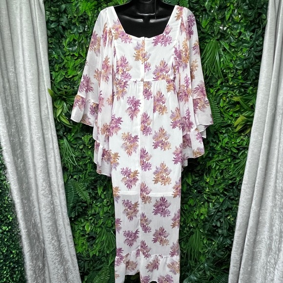H&M Maxi Dress Size 2 Floral Cream Square Neck Flutter Sleeve Tiered Boho 3290 - Picture 8 of 9